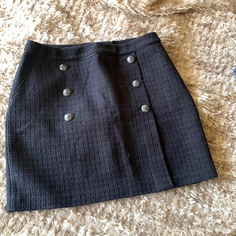WHBM Black Textured Mini Skirt with Dark Grey Button Detail